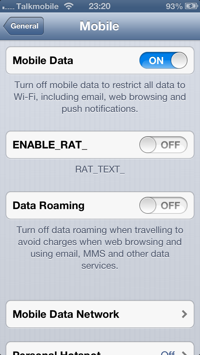 Connectivity settings on an old version of iOS. One of the toggles is "ENABLE_RAT_" with description "RAT_TEXT_".