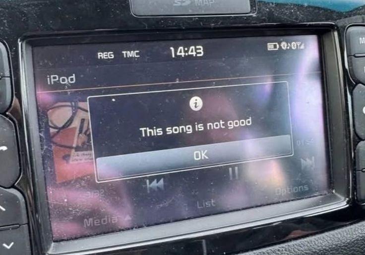 Photo of a car media center showing a warning popup reading "This song is not good" with an OK button.
