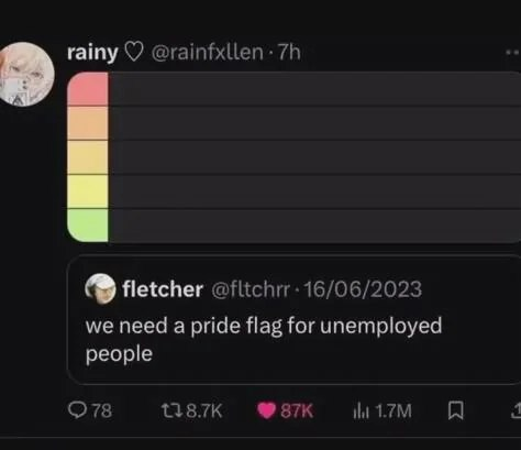 Tweet reading "we need a pride flag for unemployed people" is quoted by another tweet with an image of empty tier list attached to it.