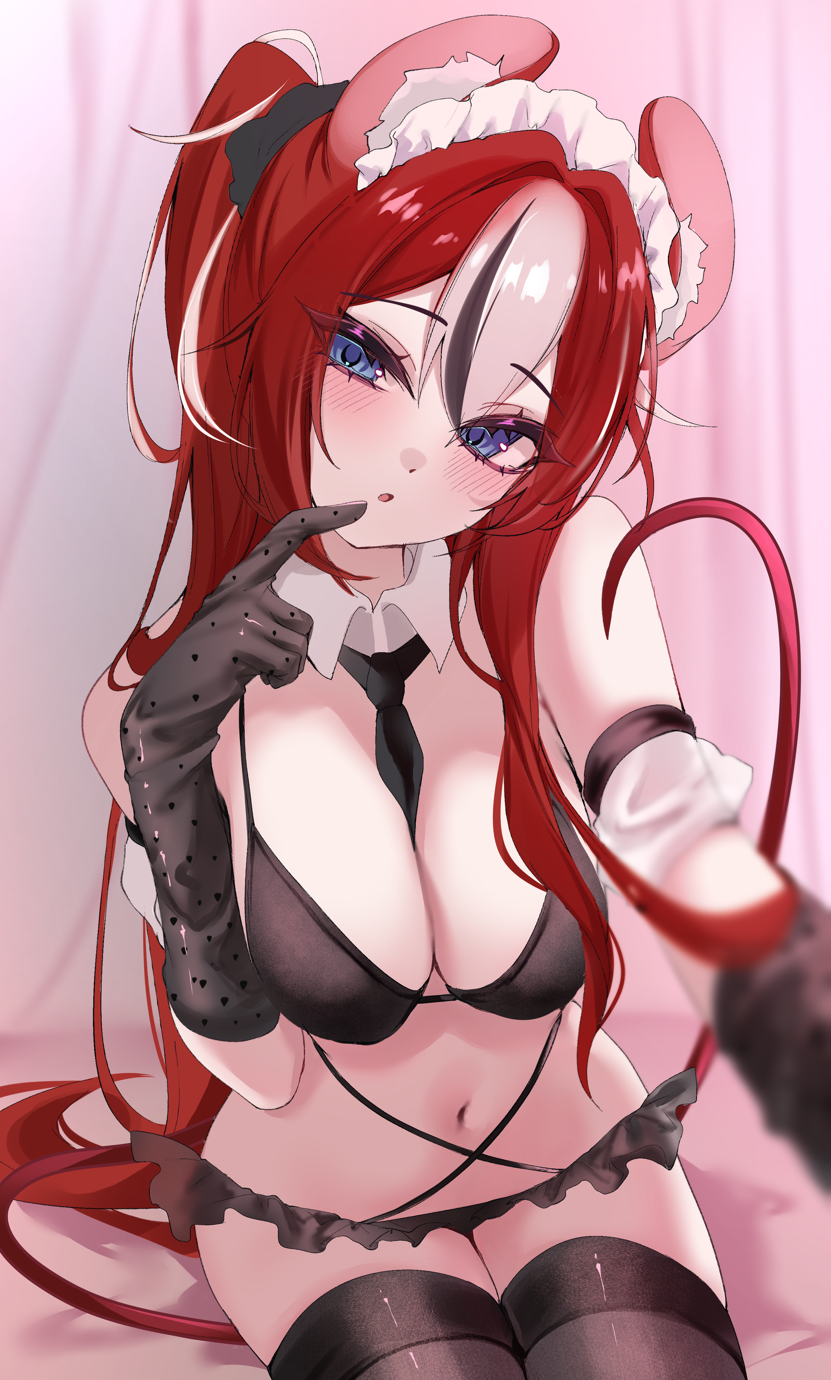 Hakos Baelz sitting on a bed. She has leaned her head to the side and has placed her finger close to the mouth. She is wearing a tie, thigh highs and a bra, panties and long gloves.