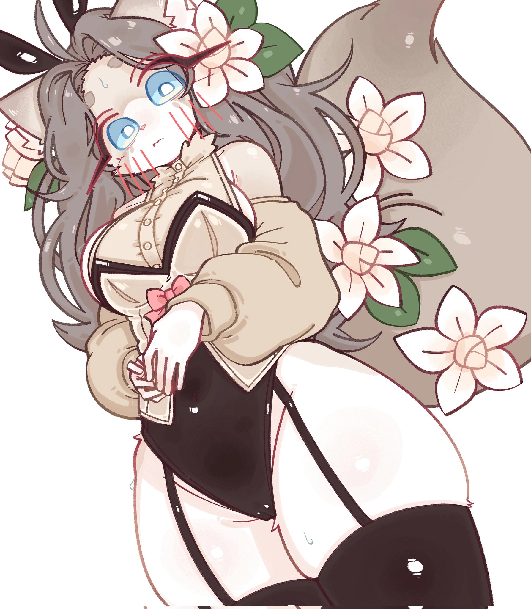 Furry girl with a big tail who is blushing. She has flower pellets all over her hail and tail, she wears something akin to bunny suit, while the top is not as revealing, the bottom sure is, so her thick thighs can be seen. She is also wearing thigh highs.