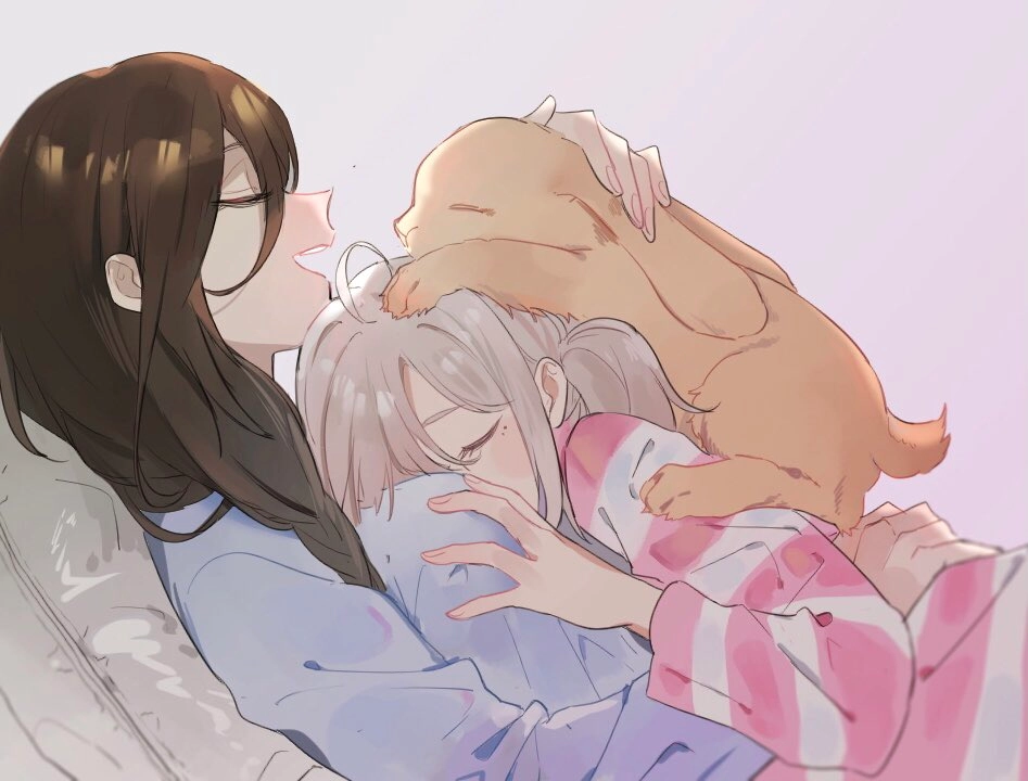 Art of a girl in pink-white stripe shirt sleeping while resting her head on and holding onto another girl's big breasts. That another girl is laying on a bed, wearing light-blue shirt and is patting a rabbit who is on the top of the sleeping girl with one hand and hugging the sleeping girl with the other hand.