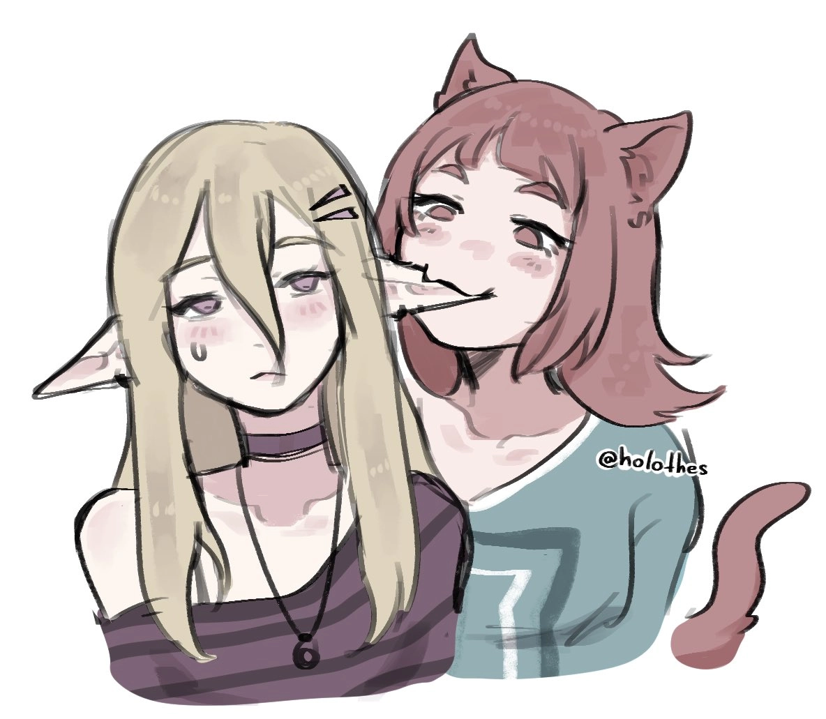Cat girl biting an elf girl on her ears.