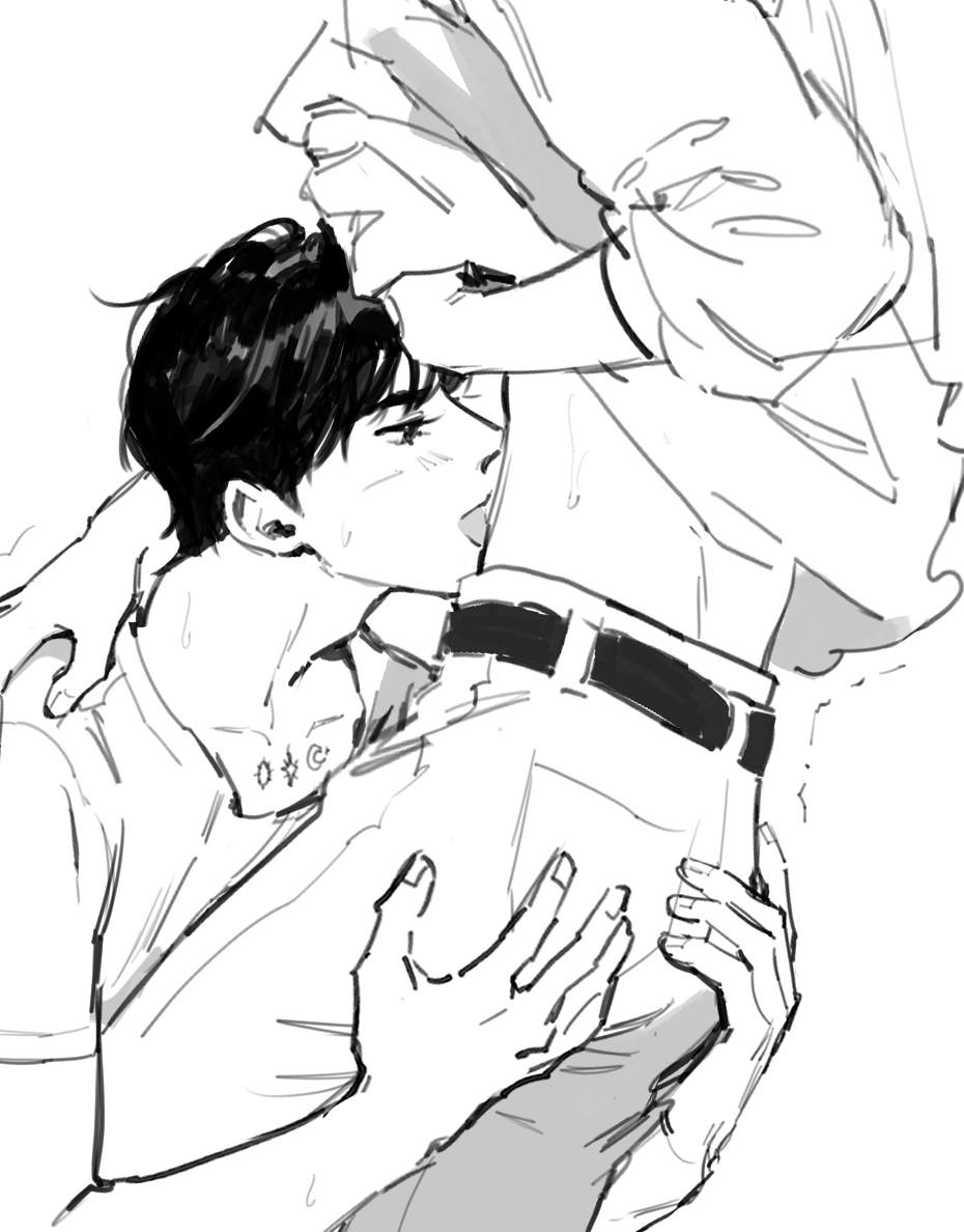 Boy grabbing another boy by his butt and licking his tummy.