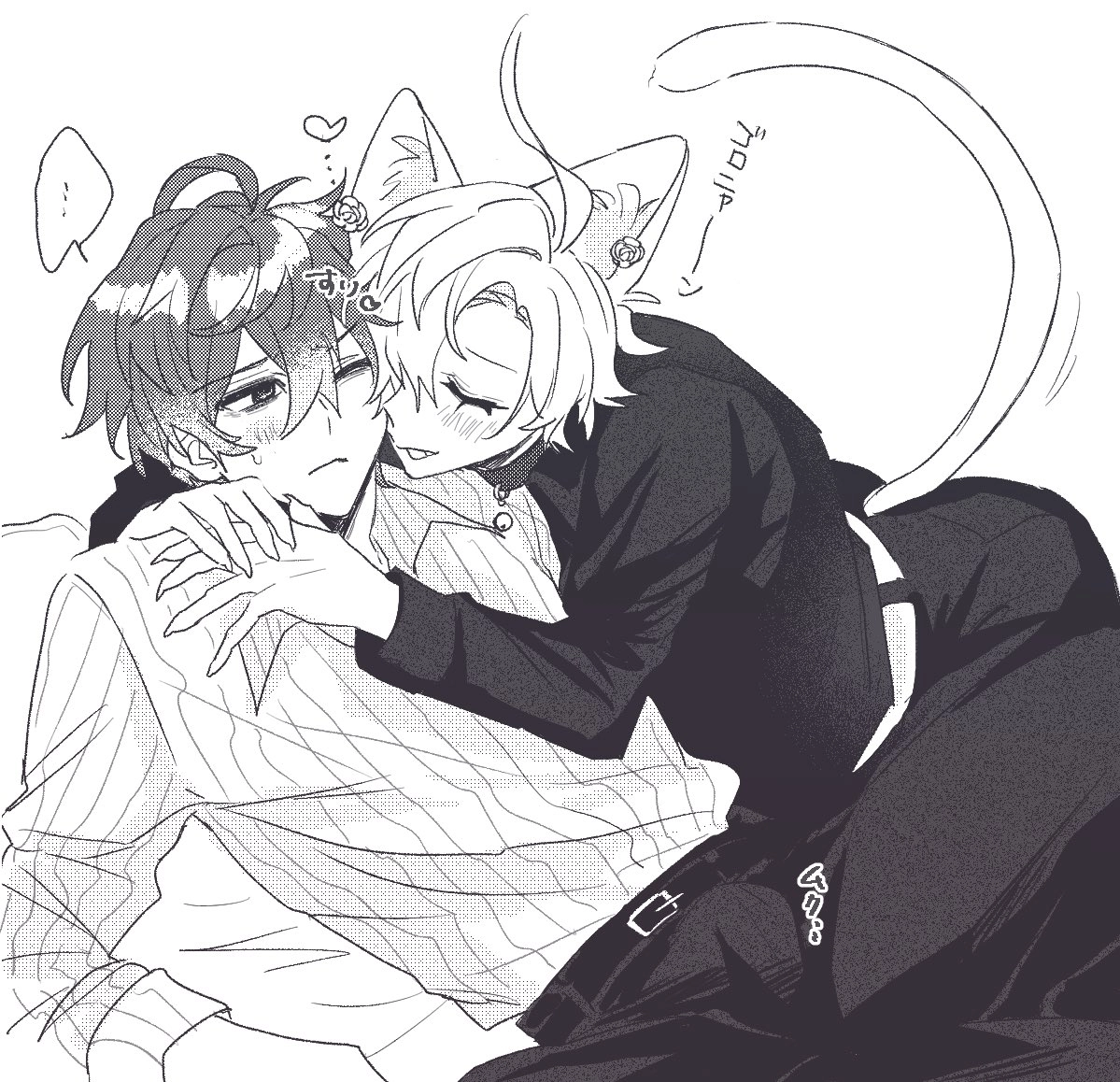 A catboy snuggling and hugging another boy. That other boy has a slightly visible boner.