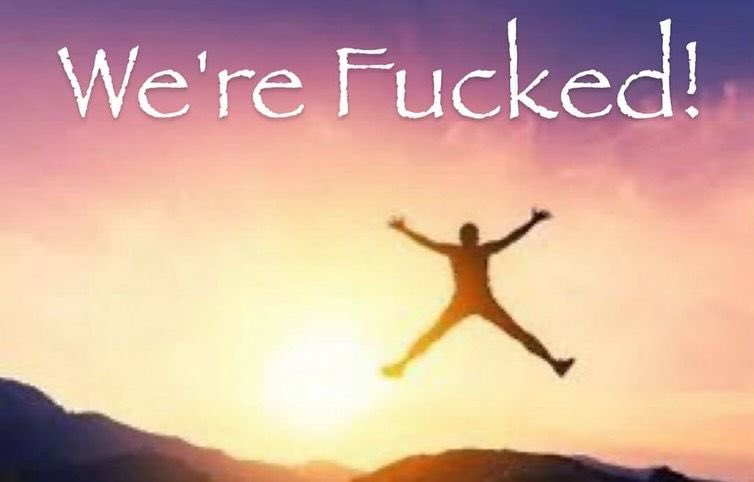 Image of person in X pose in the sky captioned "We're Fucked!"
